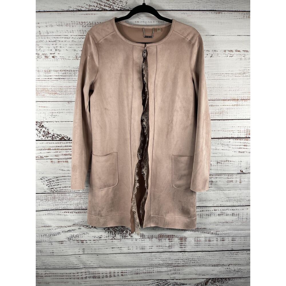 Tahari Jacket Womens Small Pink Faux Leather Lace Trim Open Front Coatigan